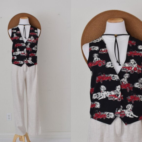 Vintage Dalmation Red Fire Engine Lined Cotton/Acetate Vest by Capelli - Picture 1 of 11